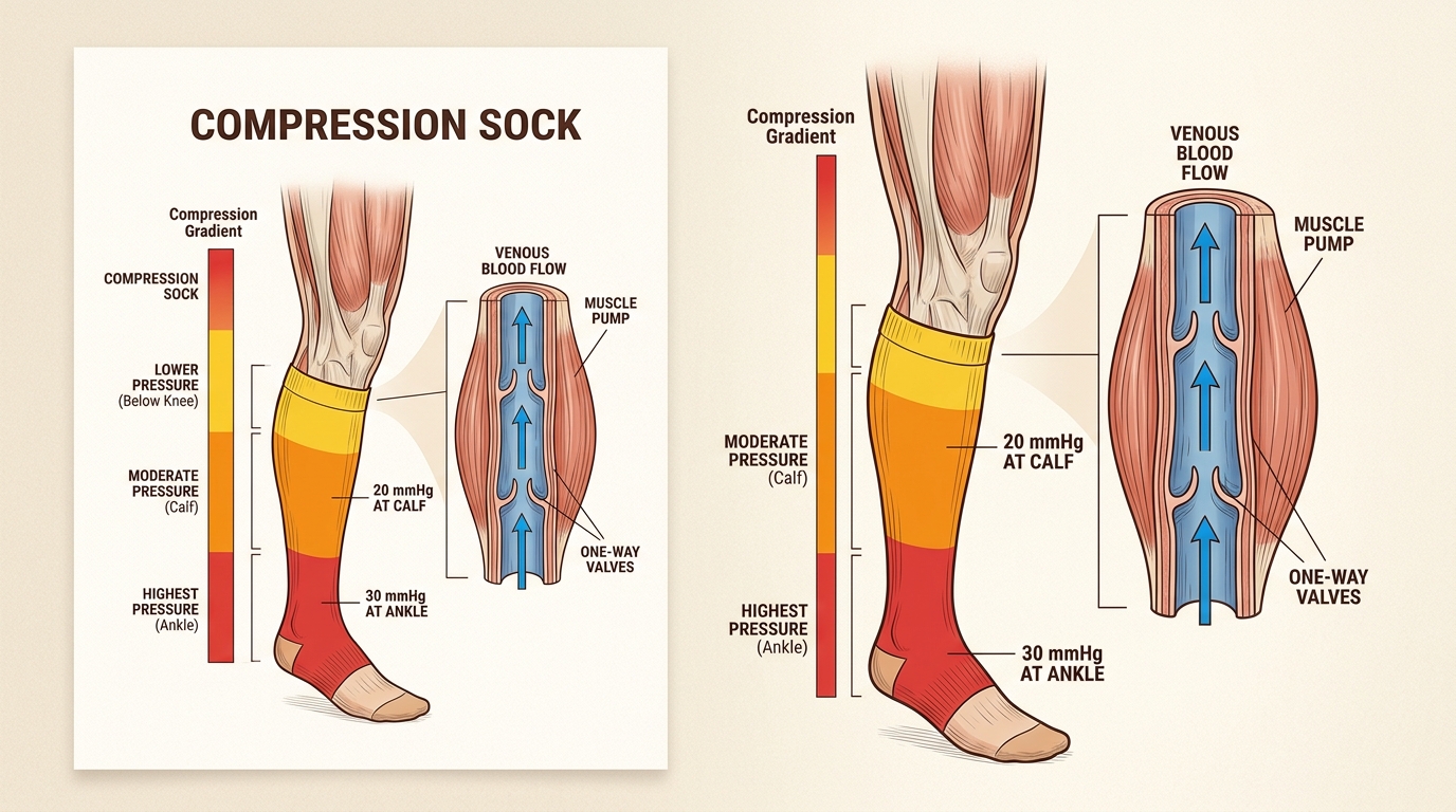 Graduated pressure is strongest at the ankle to help veins pump blood upward, preventing pooling and swelling in the lower legs.
