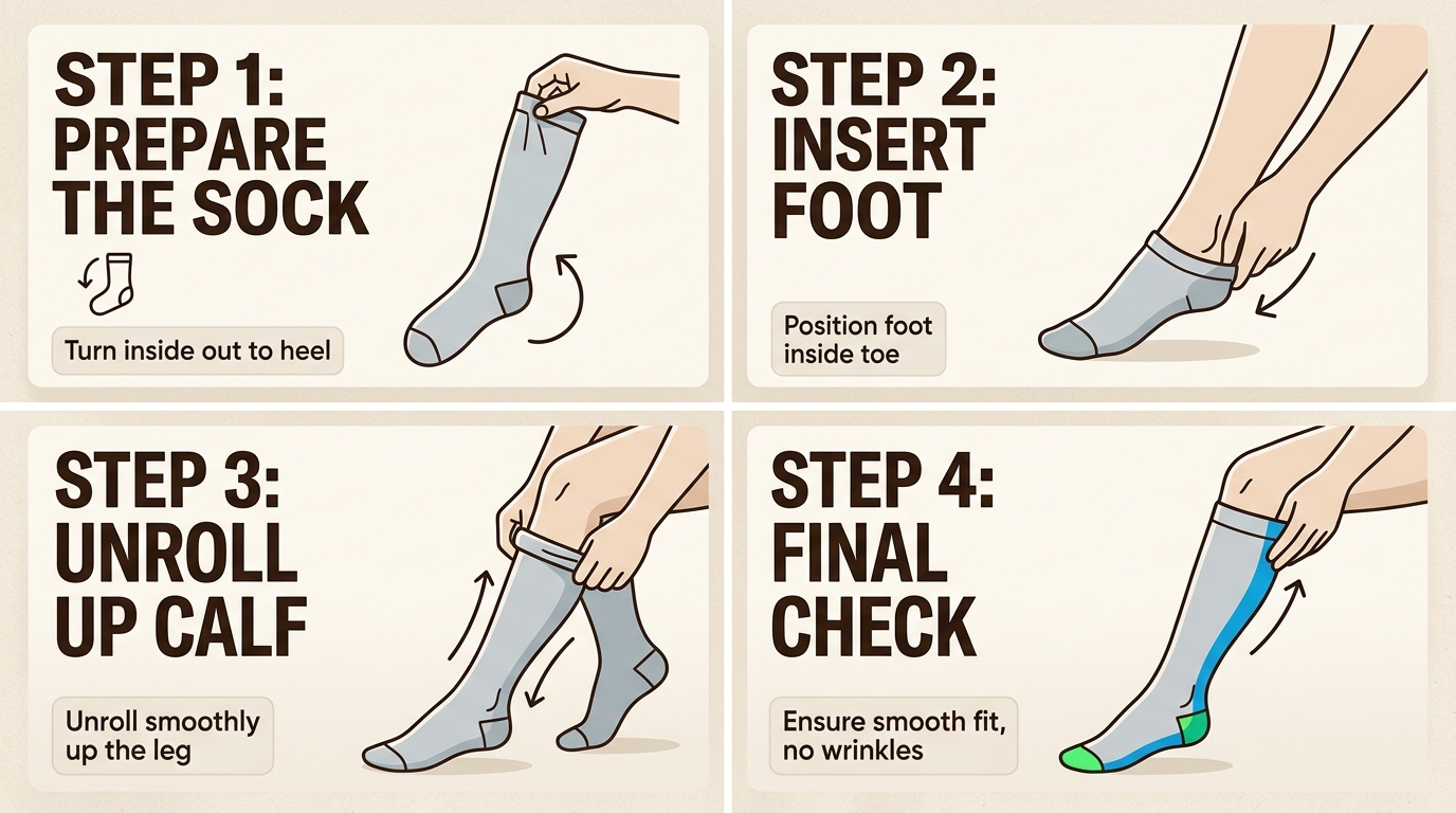 Using the rolling method prevents the fabric from bunching and ensures the graduated pressure is applied correctly without restricting circulation at the knee.